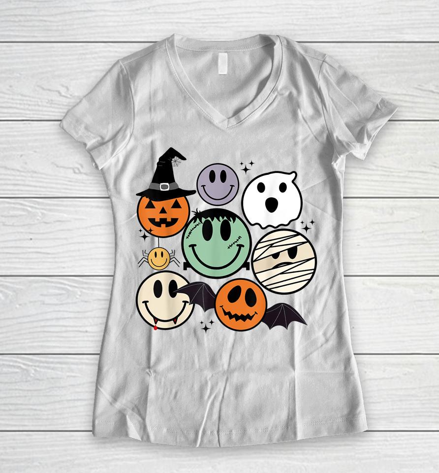 Spooky Witch Ghost Pumpkin Bat Funny Halloween Smile Face Women V-Neck T-Shirt
