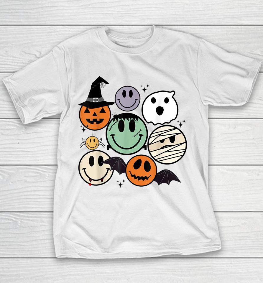 Spooky Witch Ghost Pumpkin Bat Funny Halloween Smile Face Youth T-Shirt