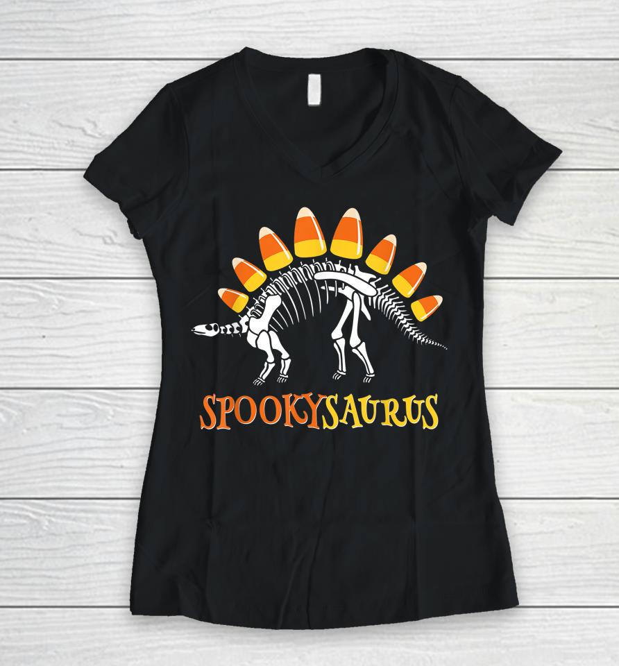 Spookysaurus Candy Corn Dinosaur Halloween Women V-Neck T-Shirt