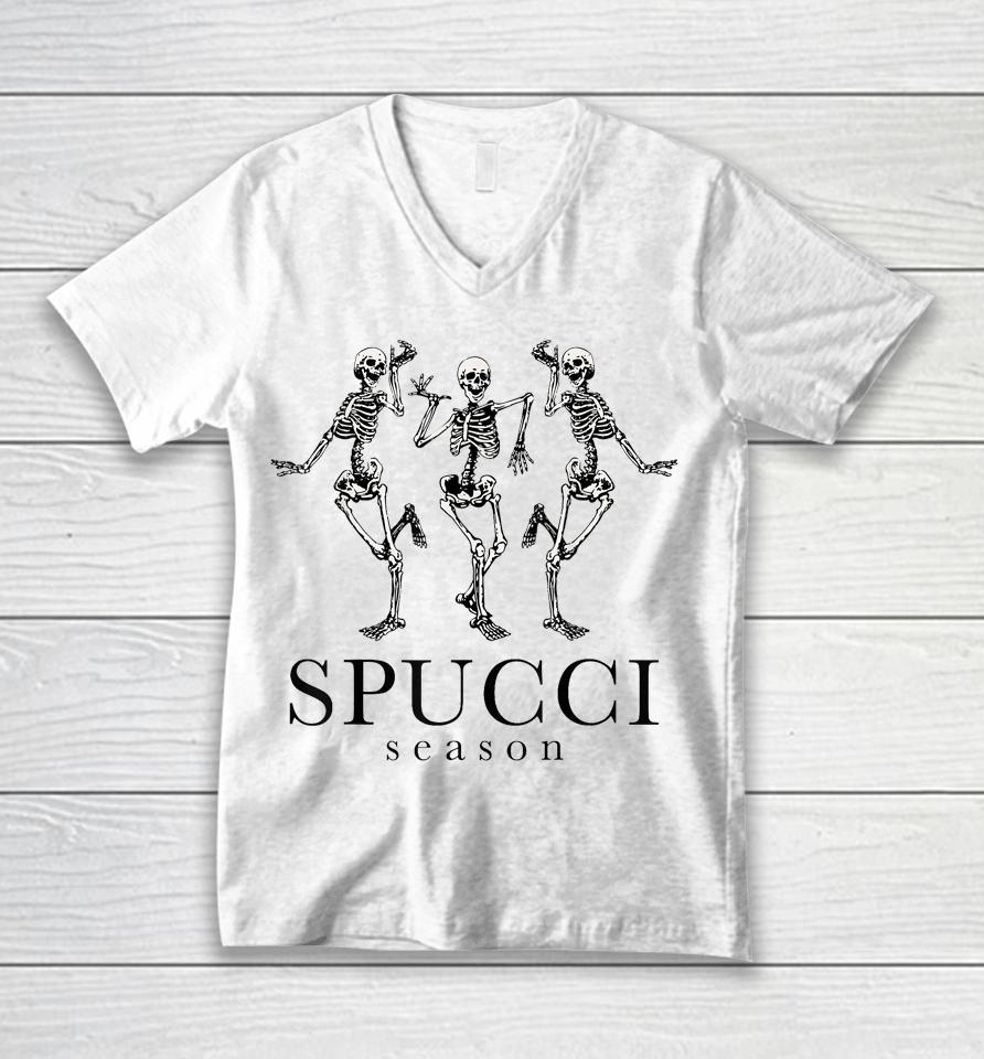 Spucci Season Spooky Season Skeleton Funny Halloween Unisex V-Neck T-Shirt
