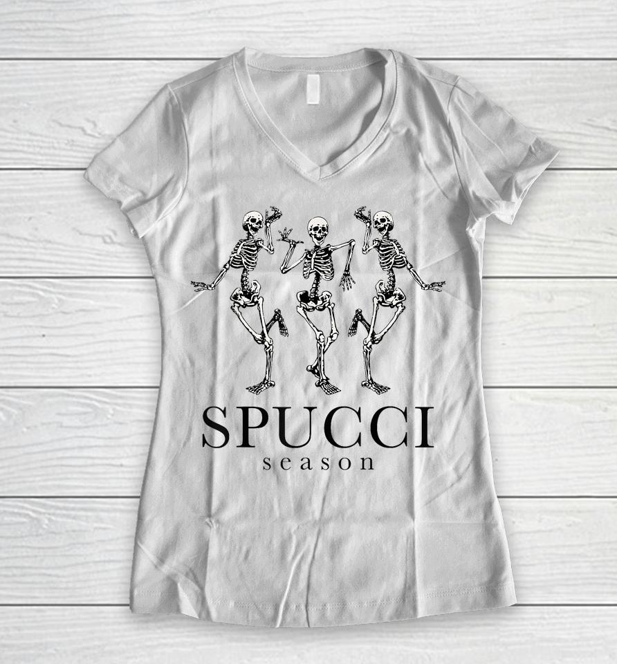 Spucci Season Spooky Season Skeleton Funny Halloween Women V-Neck T-Shirt