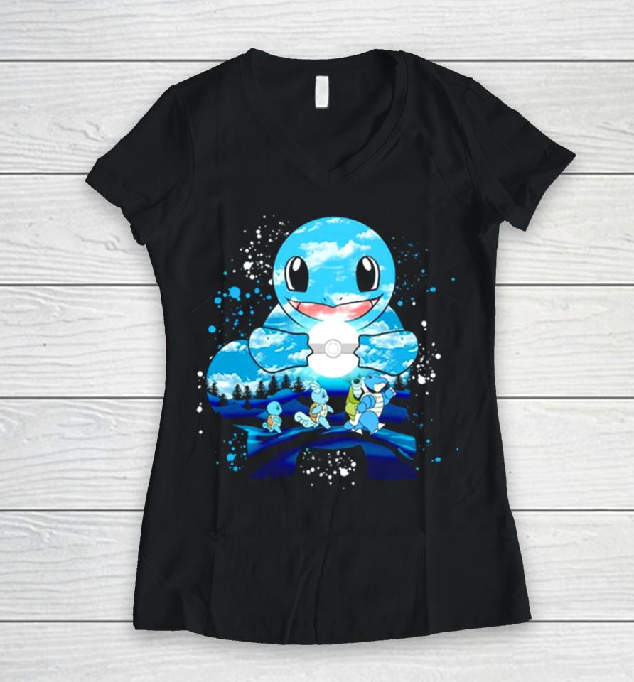 Squirtle Wartortle And Blastoise Water Evolution Painting Women V-Neck T-Shirt
