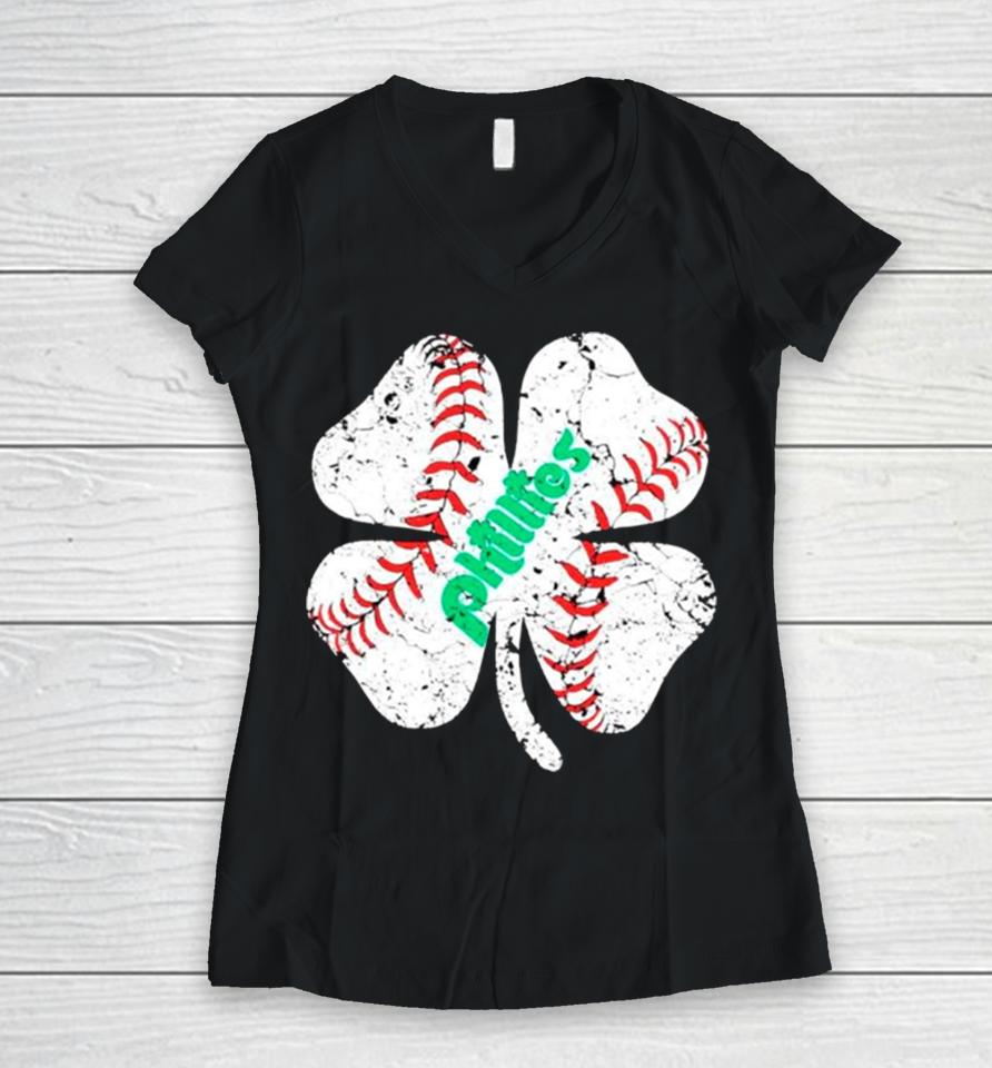 St Patricks Day Baseball Shamrock Phillies Women V-Neck T-Shirt
