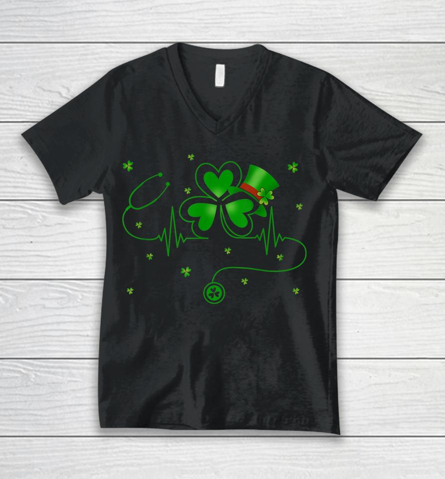 St Patrick's Day Clover Heartbeat Irish Nurse Shamrock Unisex V-Neck T-Shirt