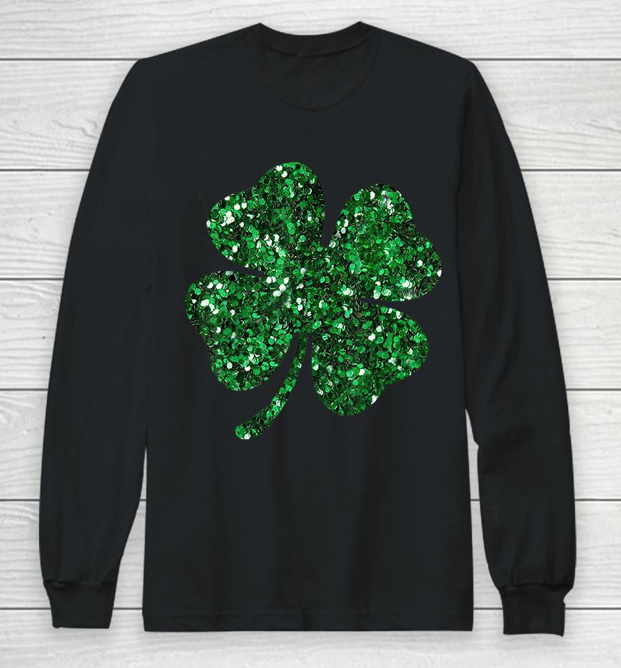 St Patrick's Day Green Glitter Clover Shamrock Long Sleeve T-Shirt