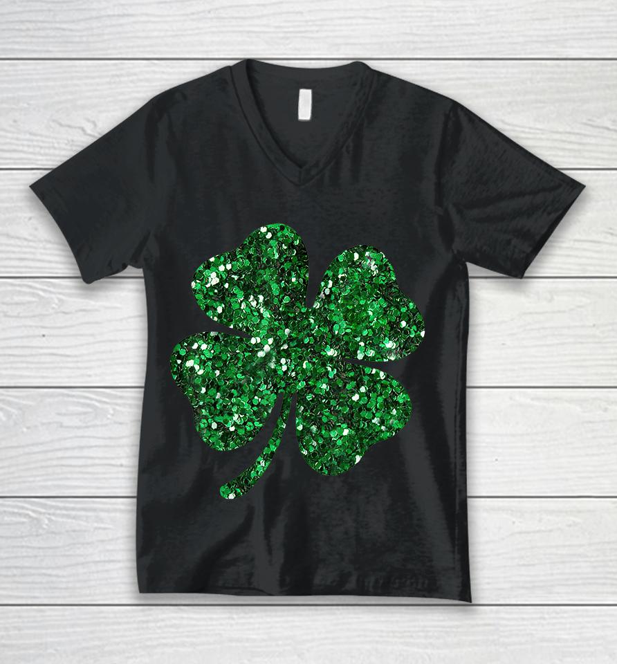 St Patrick's Day Green Glitter Clover Shamrock Unisex V-Neck T-Shirt