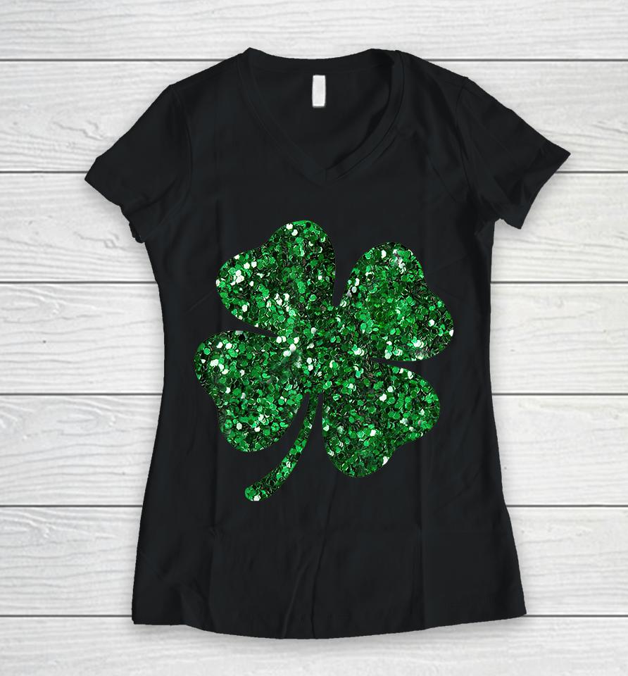 St Patrick's Day Green Glitter Clover Shamrock Women V-Neck T-Shirt