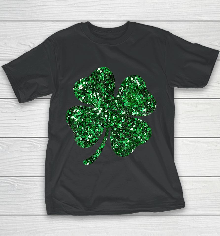 St Patrick's Day Green Glitter Clover Shamrock Youth T-Shirt