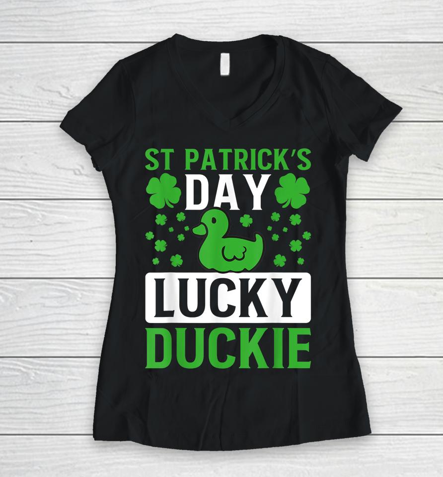 St Patrick's Day Lucky Duckie Women V-Neck T-Shirt