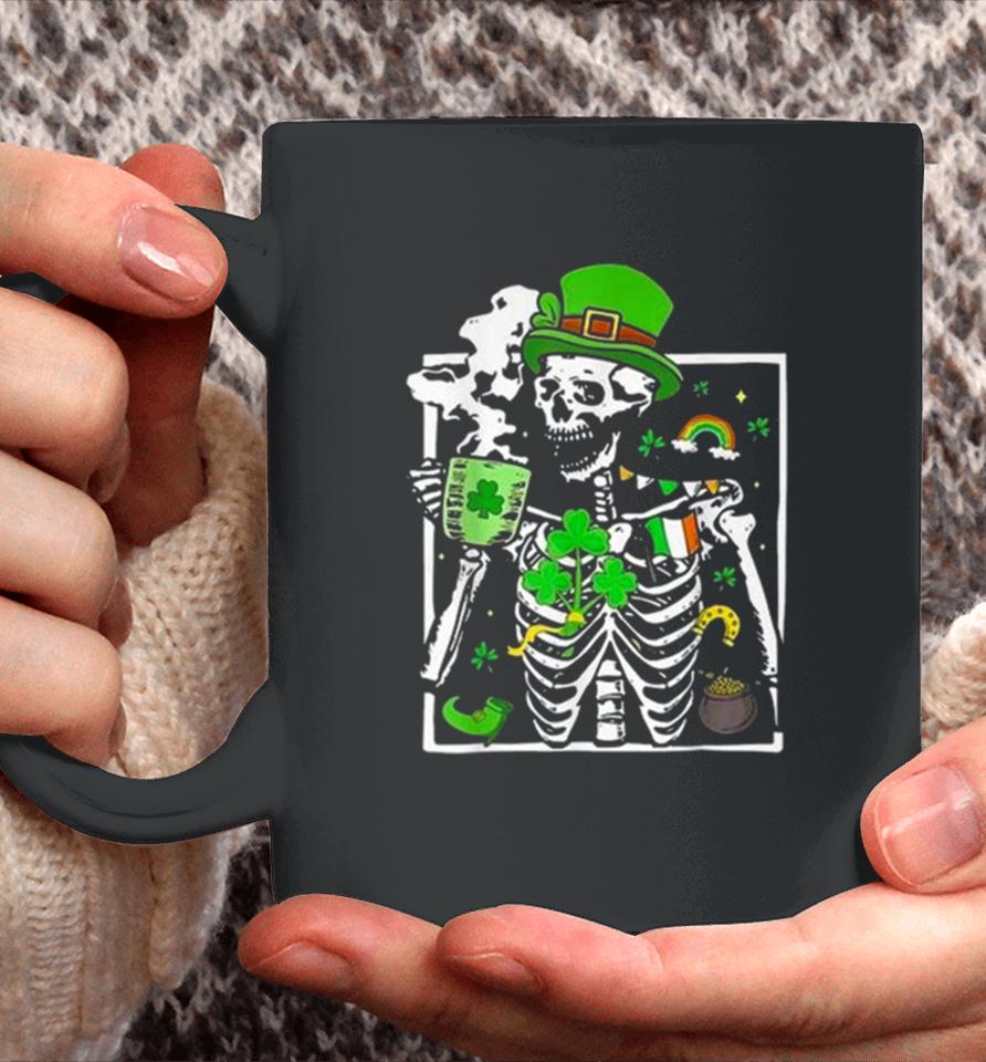 St. Patricks Day Skeleton Shamrock Skull Drinking Coffee Latte Long Coffee Mug