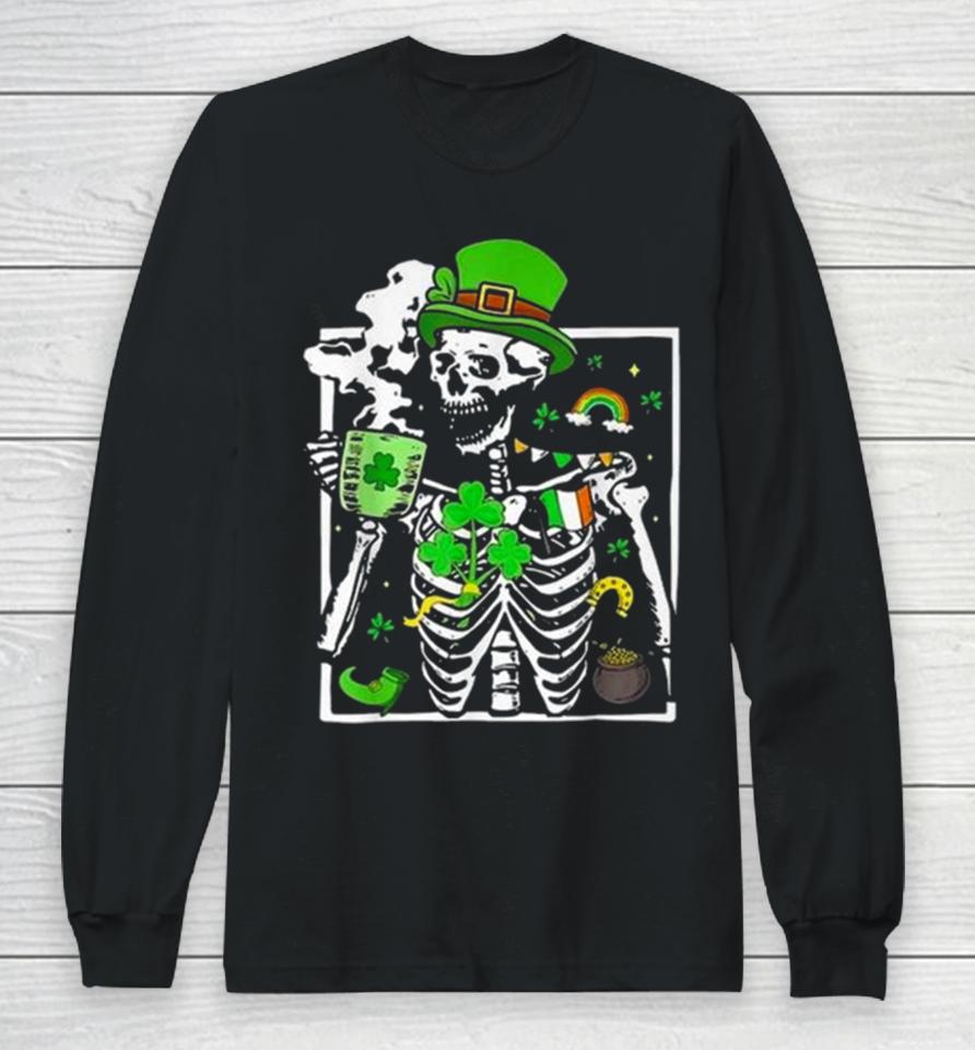 St. Patricks Day Skeleton Shamrock Skull Drinking Coffee Latte Long Long Sleeve T-Shirt