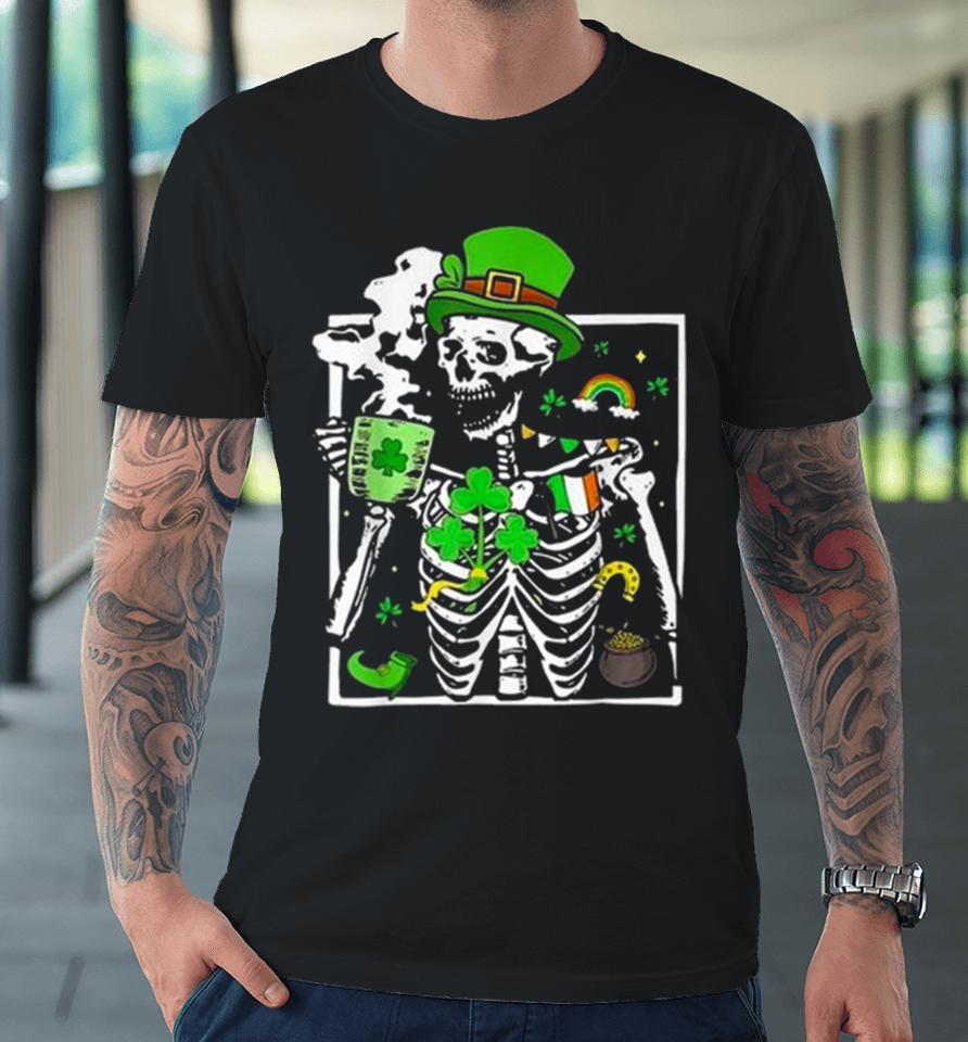 St. Patricks Day Skeleton Shamrock Skull Drinking Coffee Latte Long Premium T-Shirt