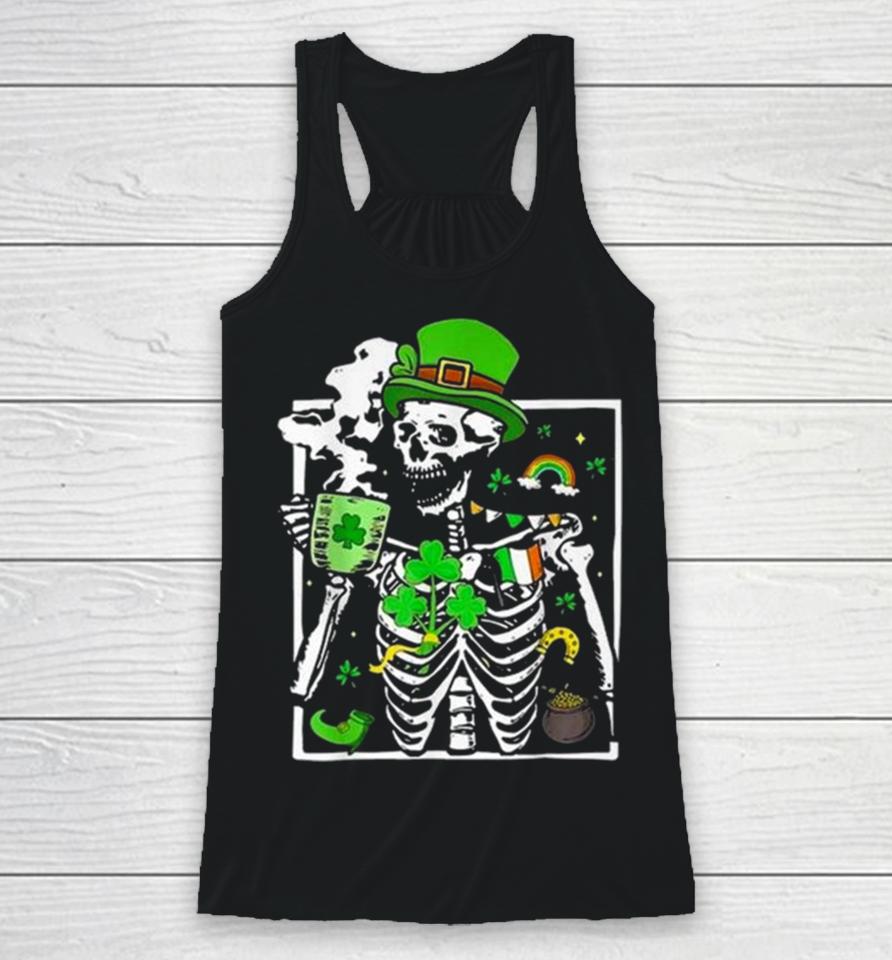 St. Patricks Day Skeleton Shamrock Skull Drinking Coffee Latte Long Racerback Tank