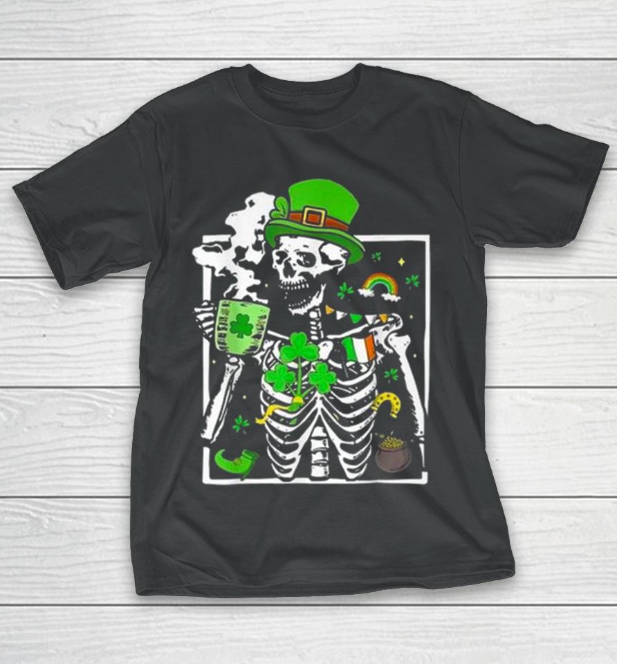 St. Patricks Day Skeleton Shamrock Skull Drinking Coffee Latte Long T-Shirt