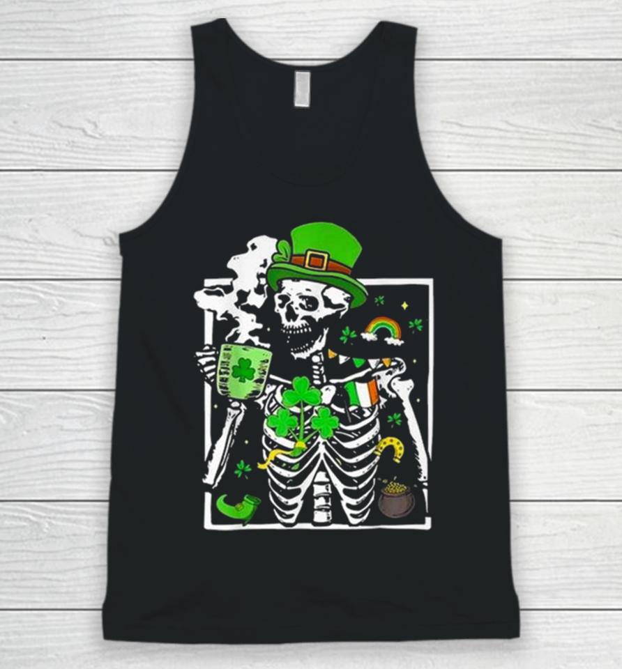 St. Patricks Day Skeleton Shamrock Skull Drinking Coffee Latte Long Unisex Tank Top