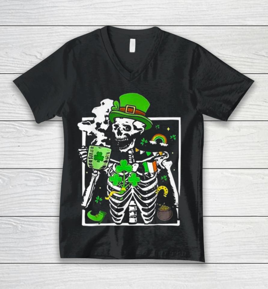 St. Patricks Day Skeleton Shamrock Skull Drinking Coffee Latte Long Unisex V-Neck T-Shirt