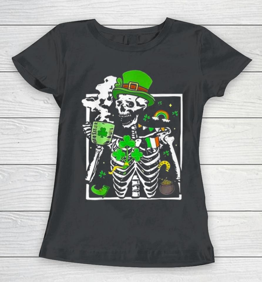 St. Patricks Day Skeleton Shamrock Skull Drinking Coffee Latte Long Women T-Shirt