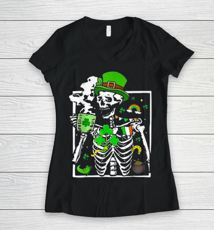 St. Patricks Day Skeleton Shamrock Skull Drinking Coffee Latte Long Women V-Neck T-Shirt