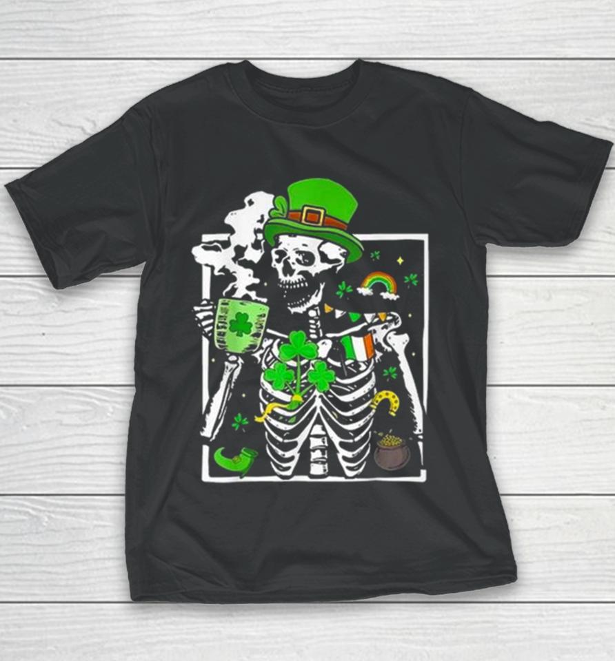 St. Patricks Day Skeleton Shamrock Skull Drinking Coffee Latte Long Youth T-Shirt