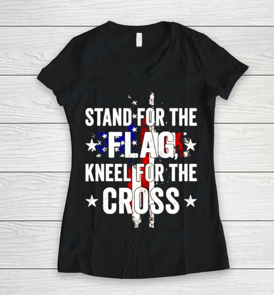 Stand For The Flag Kneel For The Cross Retro Women V-Neck T-Shirt