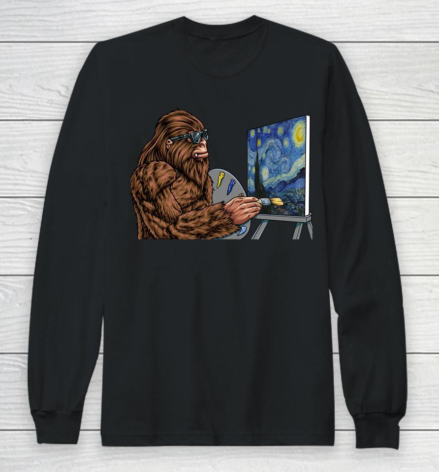 Starry Night Bigfoot Painting - Funny Sasquatch Graphic Art Long Sleeve T-Shirt