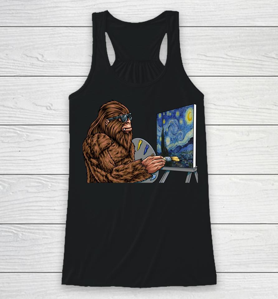 Starry Night Bigfoot Painting - Funny Sasquatch Graphic Art Racerback Tank