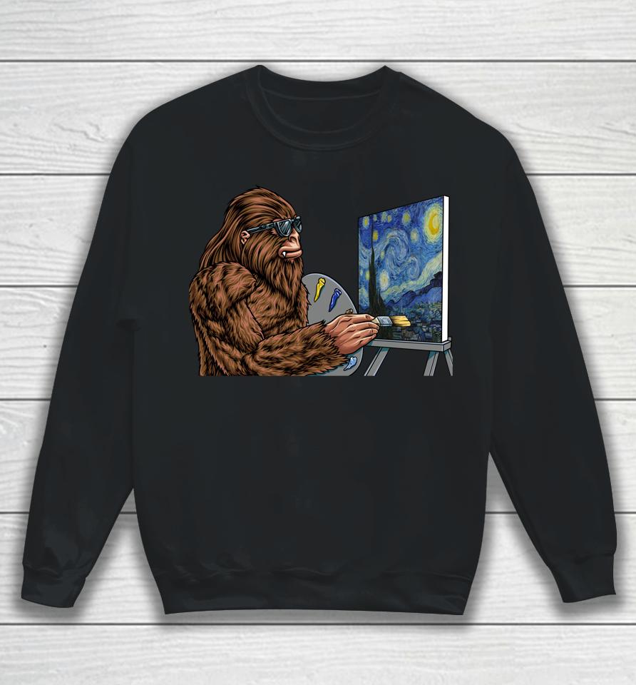 Starry Night Bigfoot Painting - Funny Sasquatch Graphic Art Sweatshirt