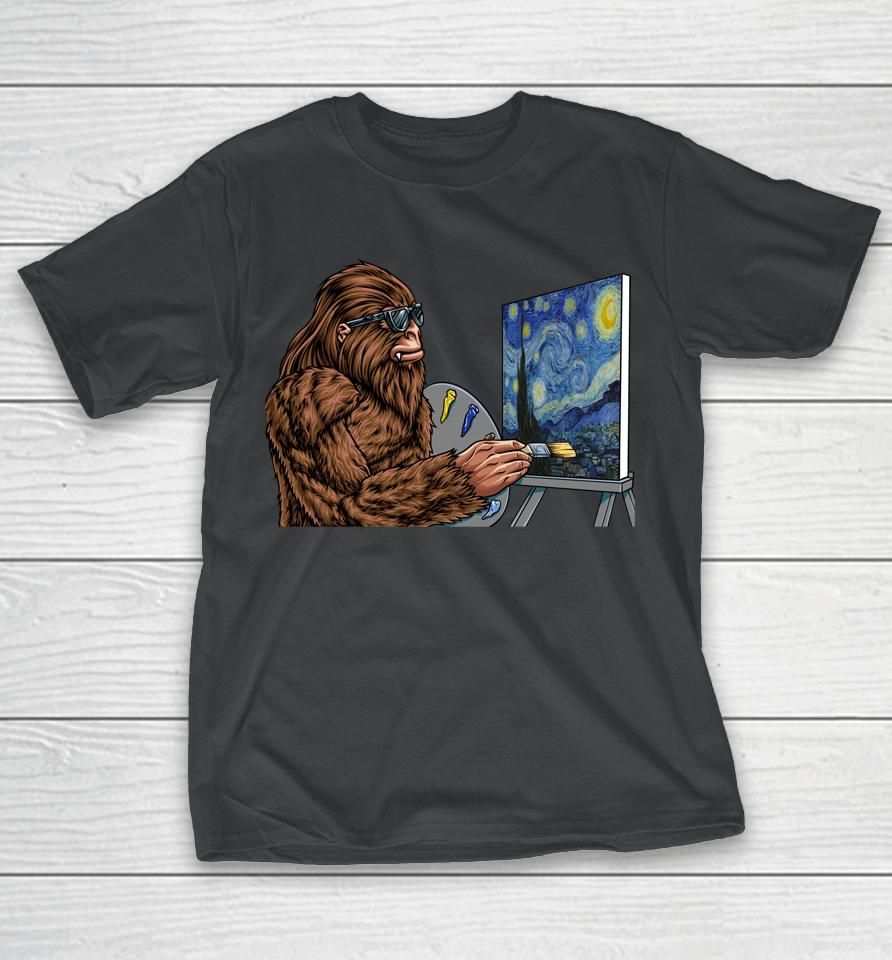 Starry Night Bigfoot Painting - Funny Sasquatch Graphic Art T-Shirt