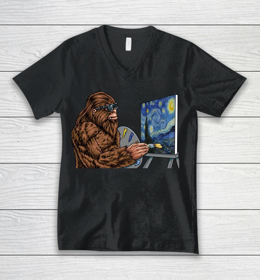 Starry Night Bigfoot Painting - Funny Sasquatch Graphic Art Unisex V-Neck T-Shirt
