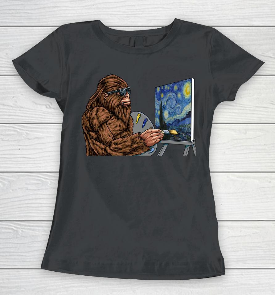 Starry Night Bigfoot Painting - Funny Sasquatch Graphic Art Women T-Shirt