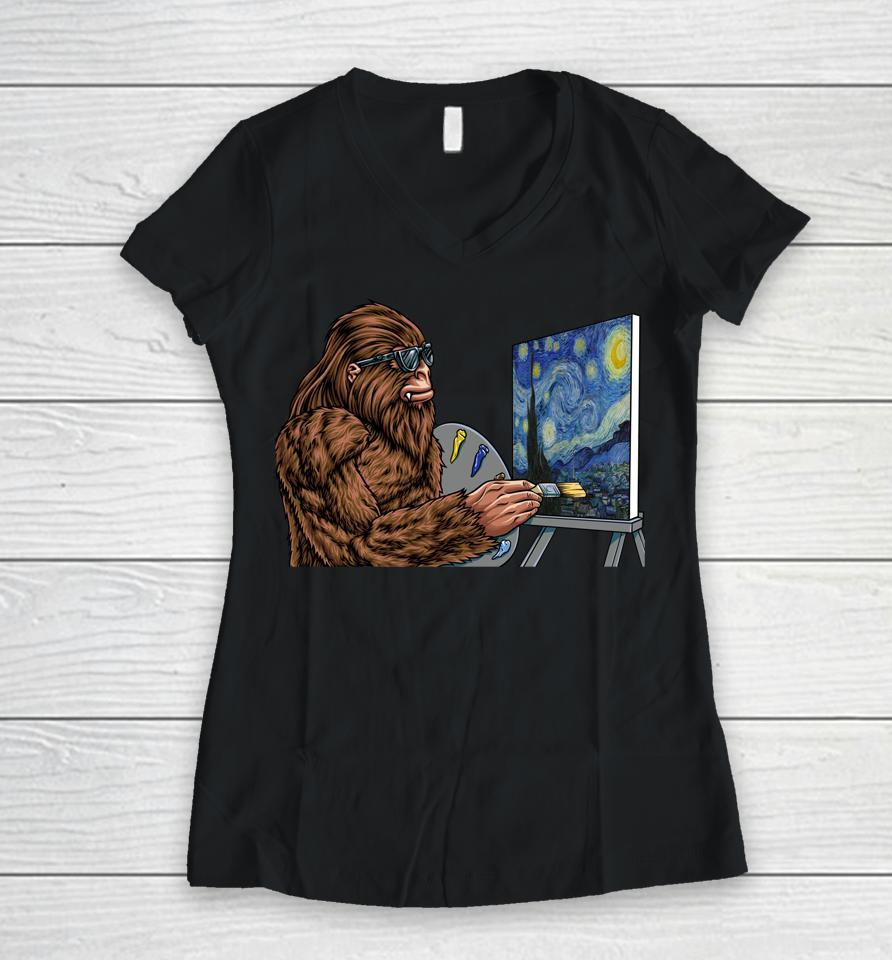 Starry Night Bigfoot Painting - Funny Sasquatch Graphic Art Women V-Neck T-Shirt