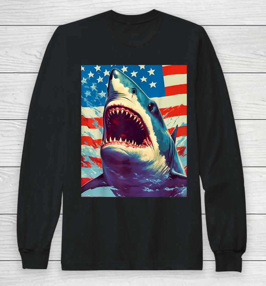 Stars, Stripes, And Sharks The Pop Art Patriotic Predator Long Sleeve T-Shirt