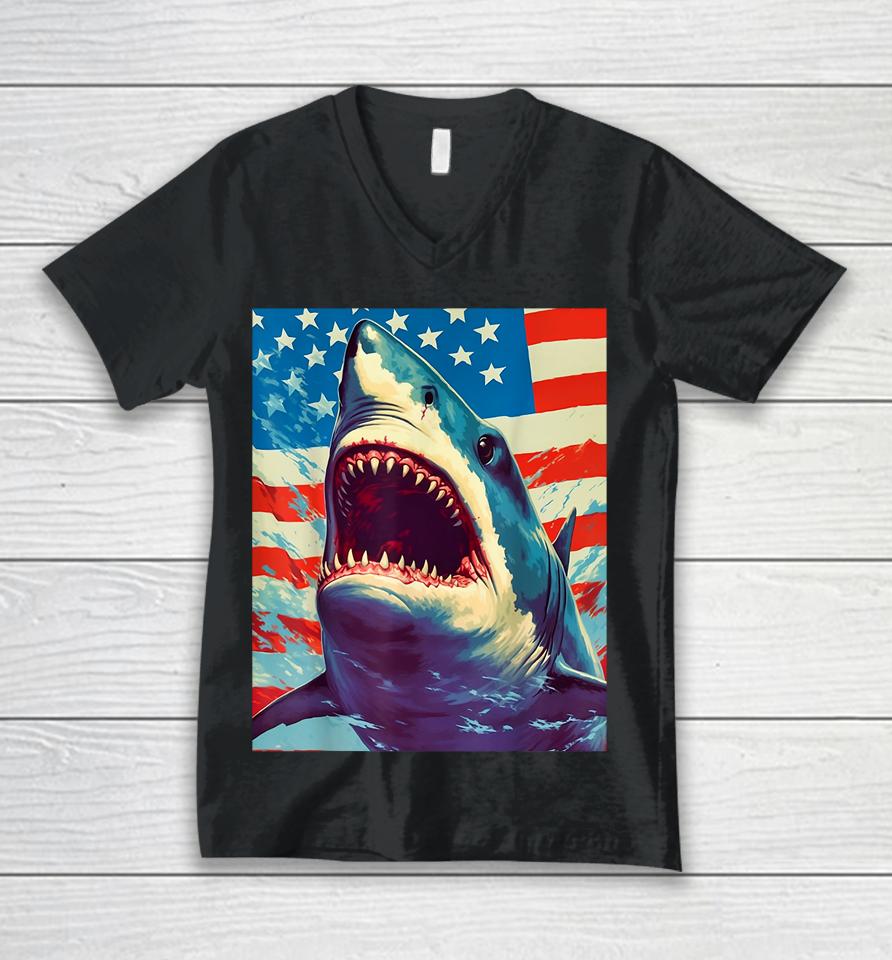 Stars, Stripes, And Sharks The Pop Art Patriotic Predator Unisex V-Neck T-Shirt