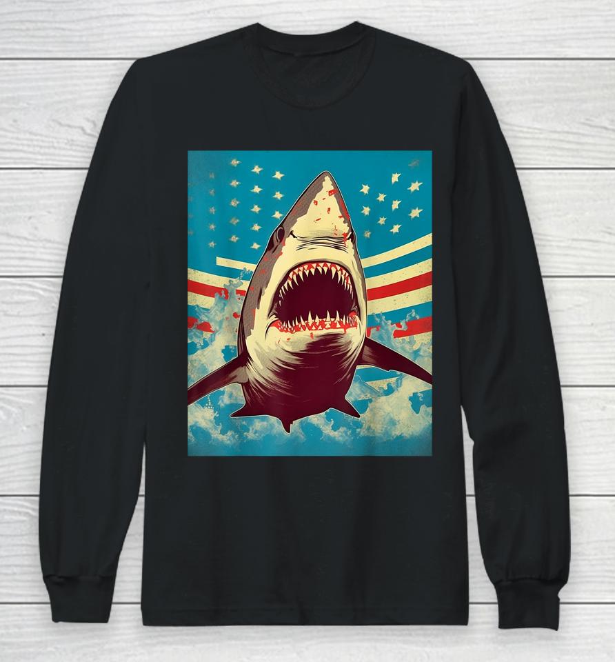 Stars, Stripes, And Sharks The Pop Art Patriotic Predator Long Sleeve T-Shirt