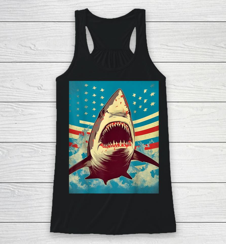 Stars, Stripes, And Sharks The Pop Art Patriotic Predator Racerback Tank