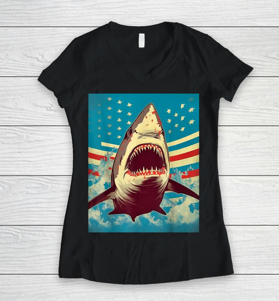 Stars, Stripes, And Sharks The Pop Art Patriotic Predator Women V-Neck T-Shirt
