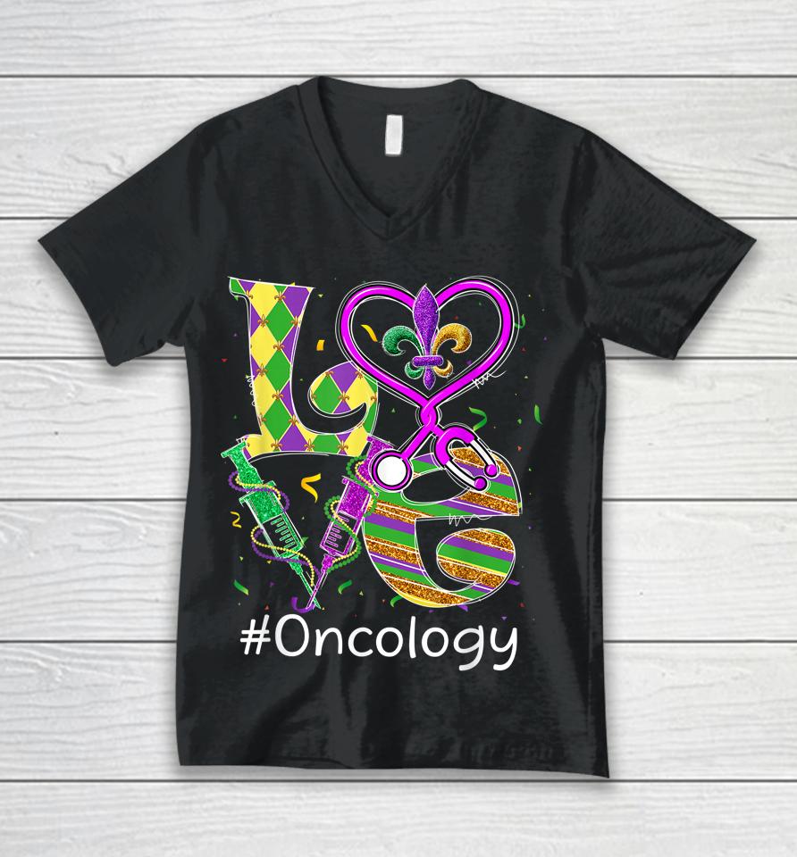 Stethoscope Love Oncology Nurse Mardi Gras Unisex V-Neck T-Shirt