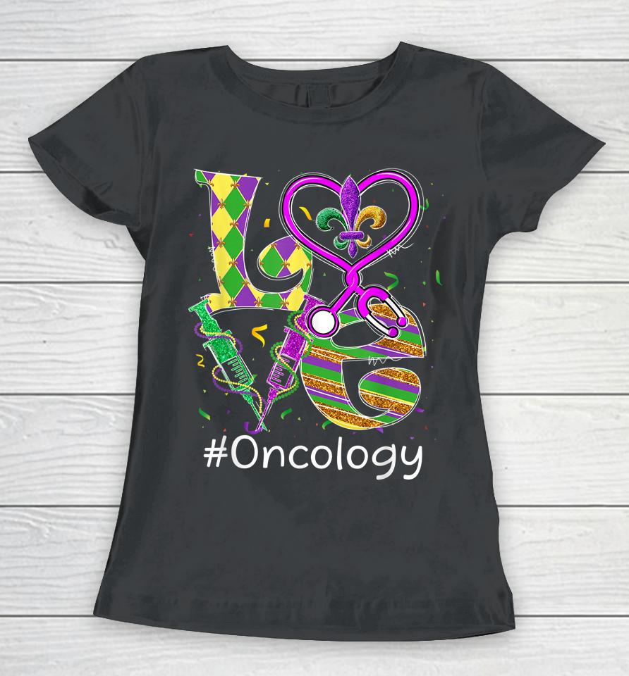 Stethoscope Love Oncology Nurse Mardi Gras Women T-Shirt