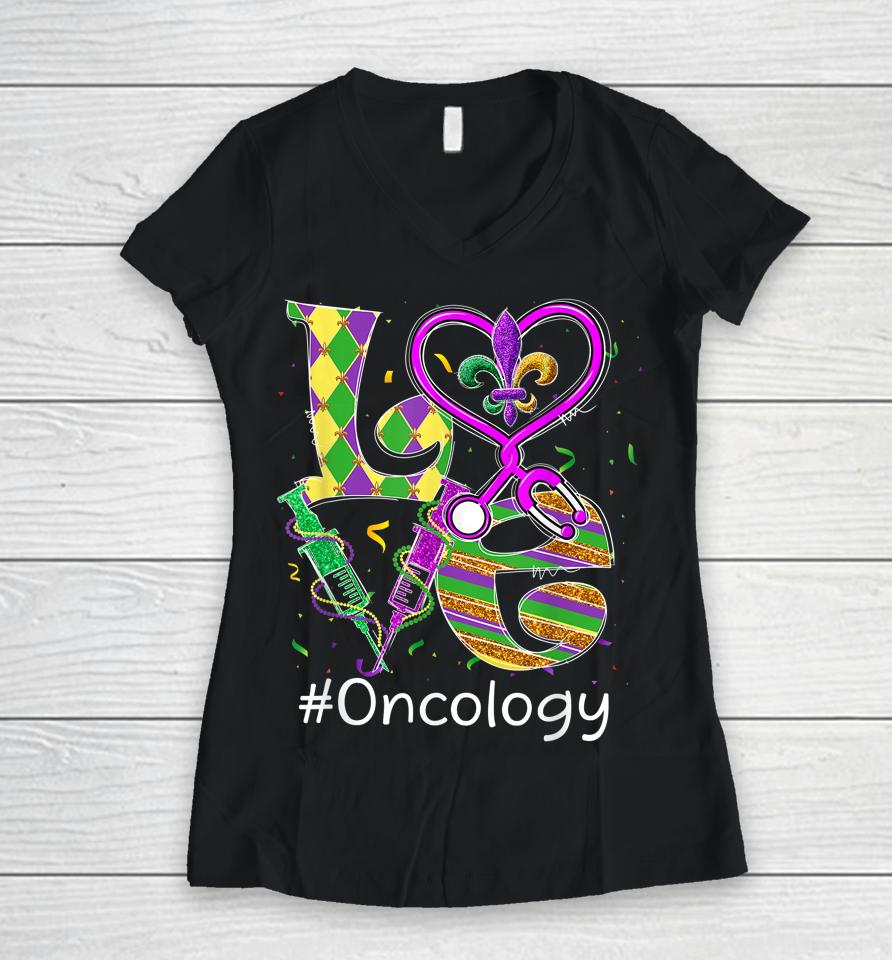 Stethoscope Love Oncology Nurse Mardi Gras Women V-Neck T-Shirt