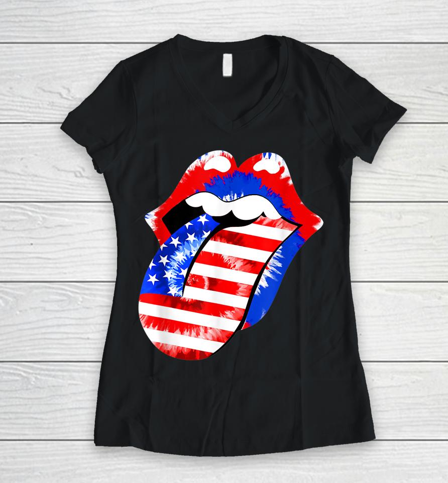 Stick Out Tongue American Flag Patriotic 4Th Of July Tie Dye Women V-Neck T-Shirt