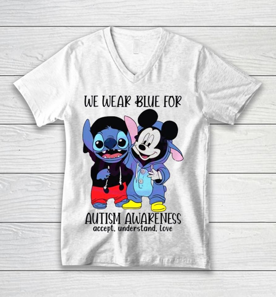 Stitch And Mickey We Wear Blue For Autism Awareness Unisex V-Neck T-Shirt