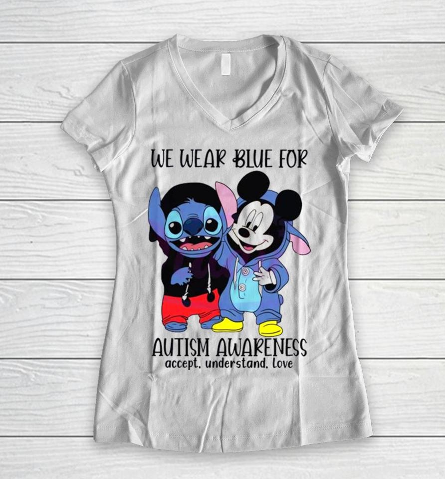 Stitch And Mickey We Wear Blue For Autism Awareness Women V-Neck T-Shirt