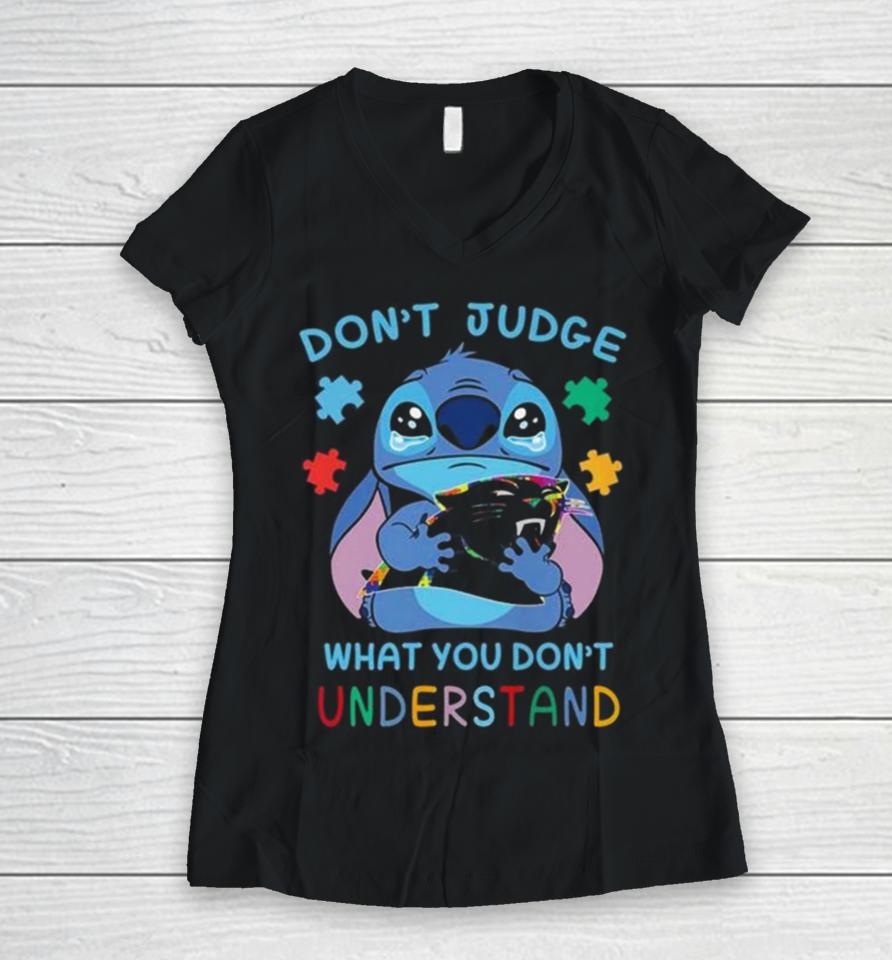 Stitch Carolina Panthers Autism Awareness Don’t Judge What You Don’t Understand Women V-Neck T-Shirt