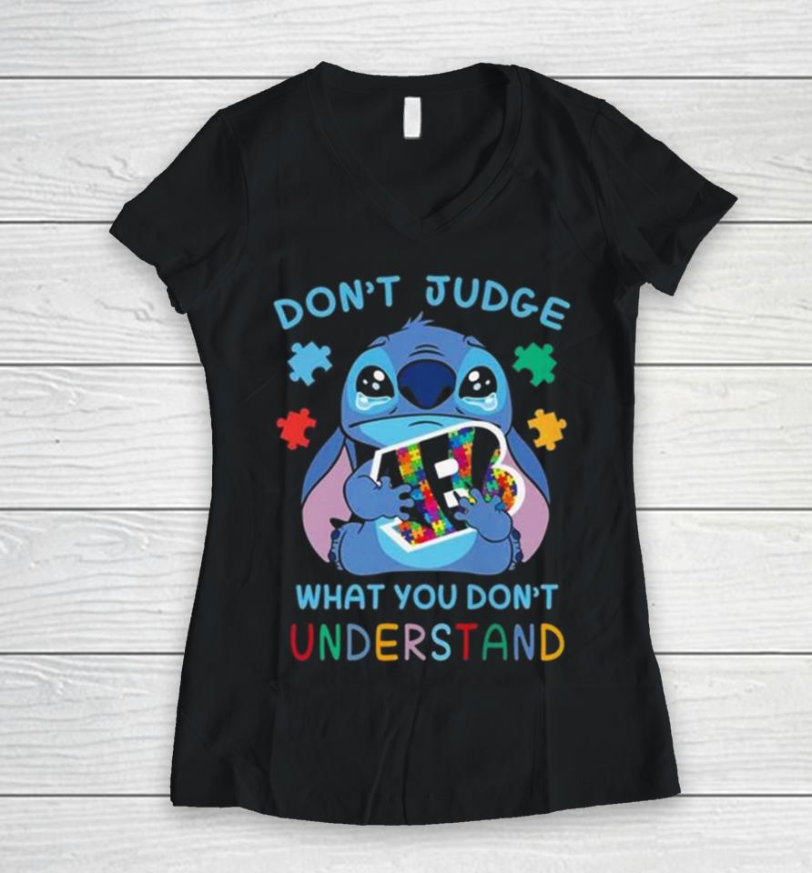 Stitch Cincinnati Bengals Autism Awareness Don’t Judge What You Don’t Understand Women V-Neck T-Shirt