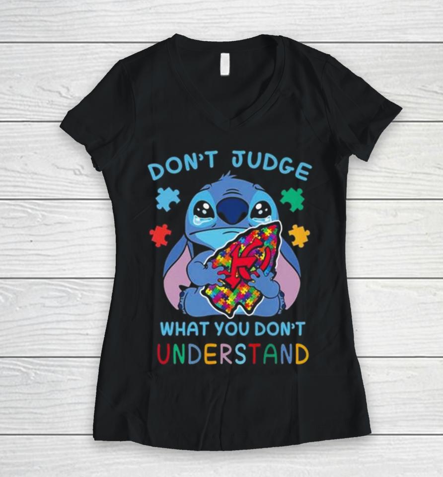 Stitch Kansas City Chiefs Autism Awareness Don’t Judge What You Don’t Understand Women V-Neck T-Shirt