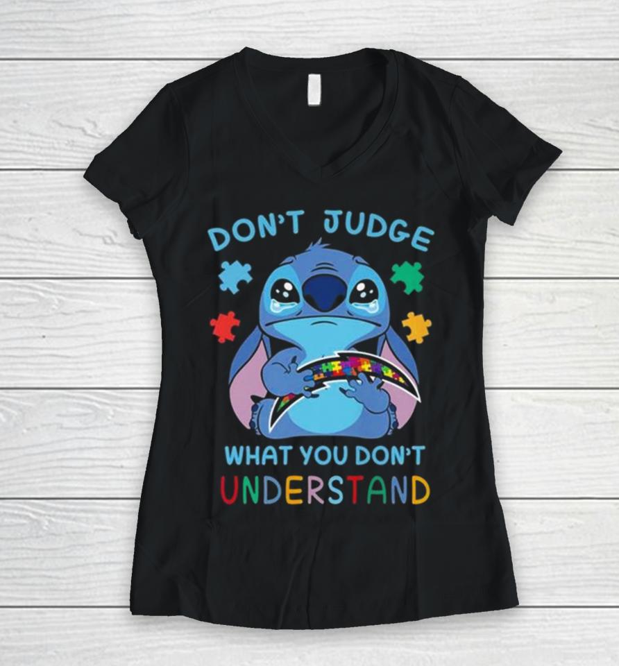 Stitch Los Angeles Chargers Autism Awareness Don’t Judge What You Don’t Understand Women V-Neck T-Shirt