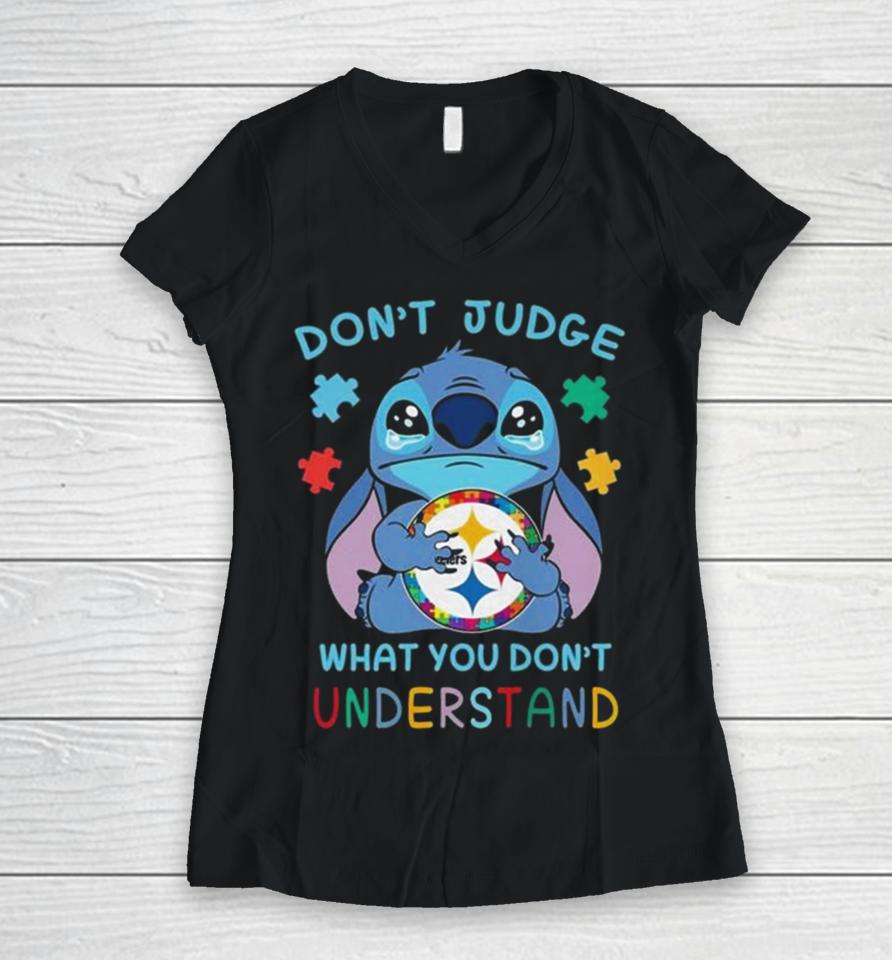 Stitch Pittsburgh Steelers Autism Awareness Don’t Judge What You Don’t Understand Women V-Neck T-Shirt