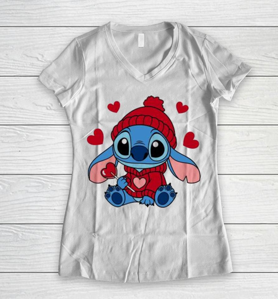 Stitch Valentine Candy Heart 2024 Women V-Neck T-Shirt