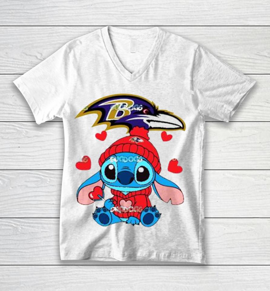 Stitch Valentine Candy Heart Baltimore Ravens Unisex V-Neck T-Shirt