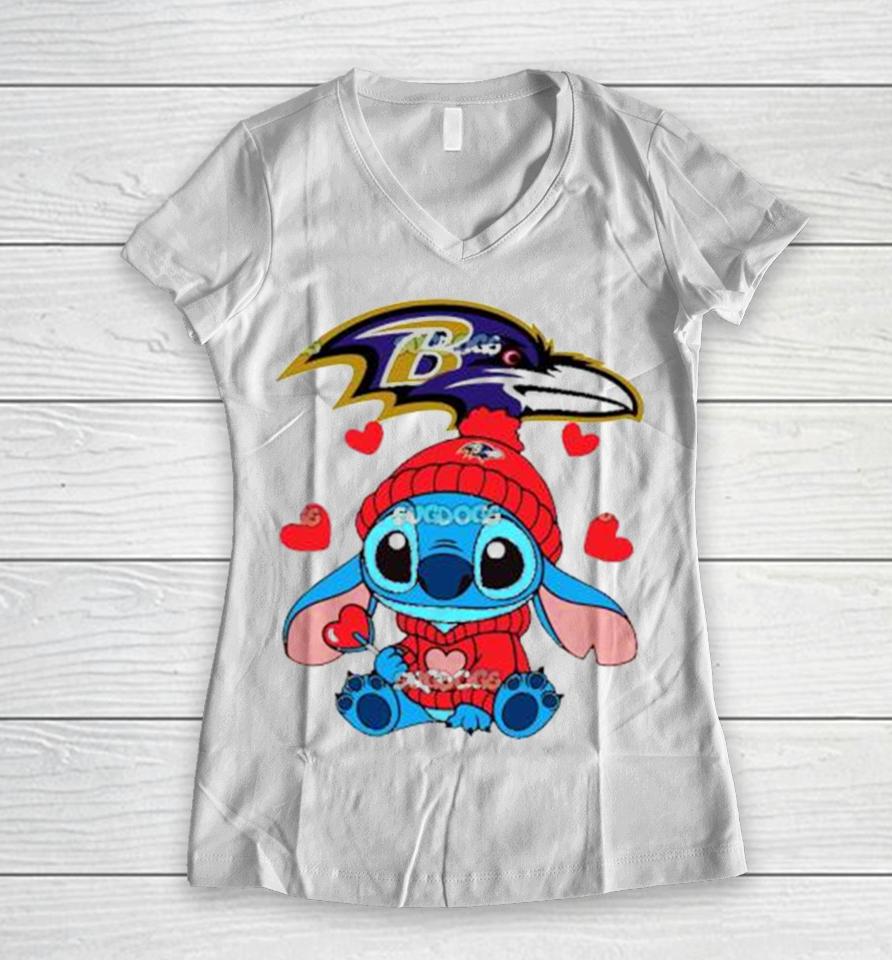 Stitch Valentine Candy Heart Baltimore Ravens Women V-Neck T-Shirt